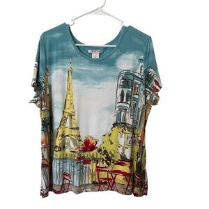 Allison Daley Parisian Scene Tee - Teal and Multicolor